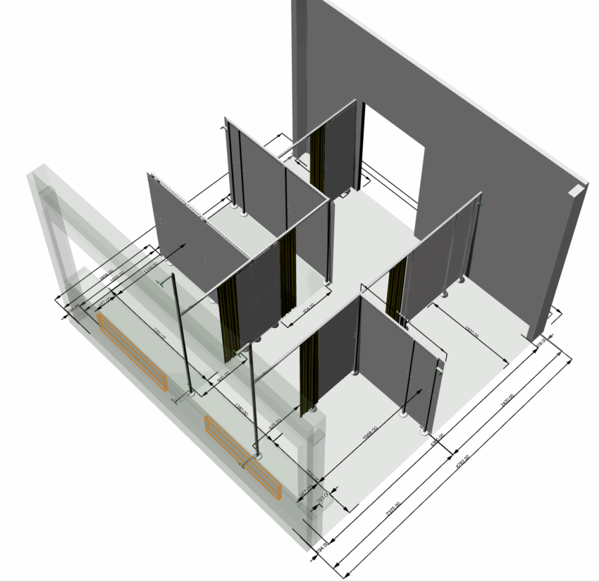 Maßgeschneiderte Trennwand-Kabinen für eine moderne Physiotherapie-Praxis, blickdicht, modern