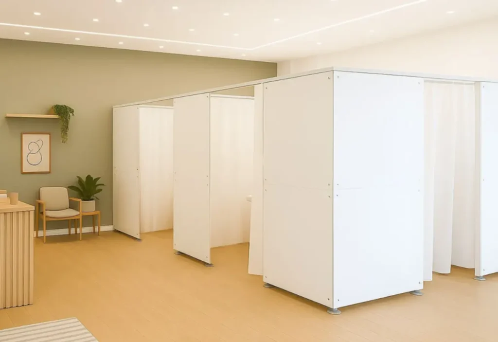 Trennwand Kabinen mit Vorhang für Praxen, Studios, blickdicht und individuell für jeden Raum